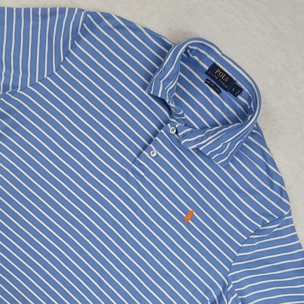 Polo Ralph Lauren Mens Large Blue White Striped Pima Soft Touch Polo Shirt